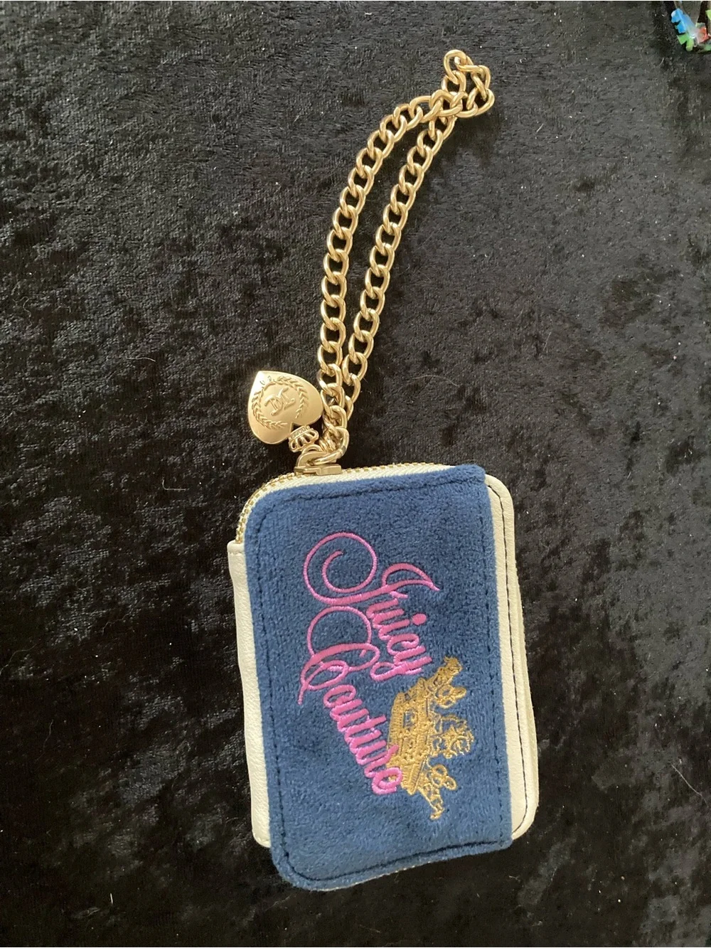 Juicy Couture Navy Velour Card Holder Wallet with Gold Chain & Charm